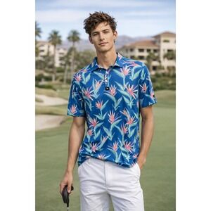 Bad Birdie Mens Blue Bird of Paradise Floral Golf Polo Shirt Large
